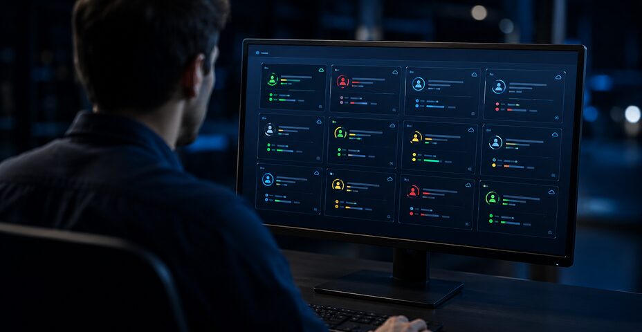 Operatore davanti a postazione multi-monitor